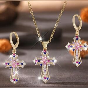 Gold and Pink Cross Jewelry Set